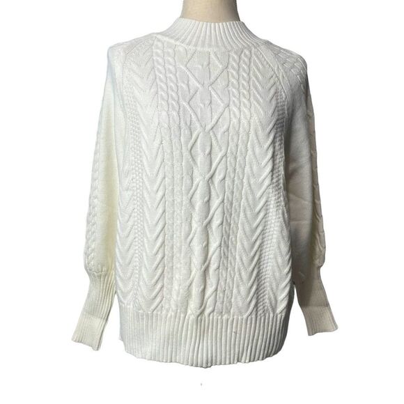 NWOT Solid White Cable Knit Long Balloon Sleeve Mock Turtle Neck Sweater size M - Picture 1 of 8
